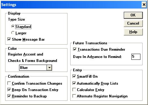 Microsoft Money 1.0 Program Settings