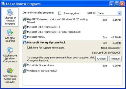 Illustration of Microsoft Money system pack in add and remove programs