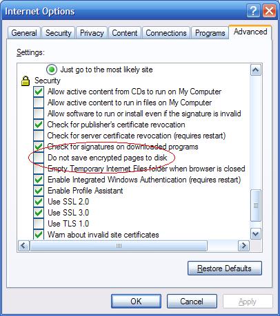 Internet explorer setting turning off the do not save encrypted pages to allow bank statements to download