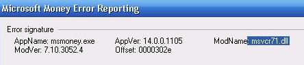 Microsoft Money msvcr71.dll error message