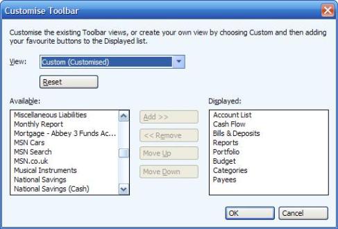 Customizing the toolbar in Microsoft Money