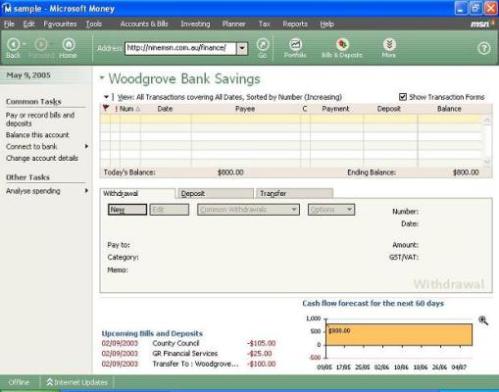 Account register showing cash flow chart underneath