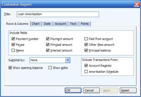 Customizable options for the loan amortization report