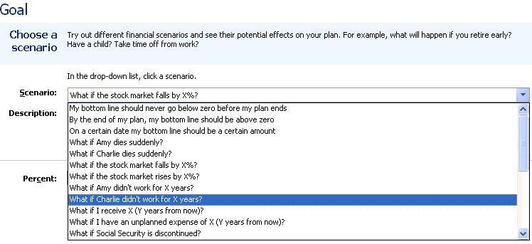 Some of the options in the Microsoft Money Financial Events Modeller