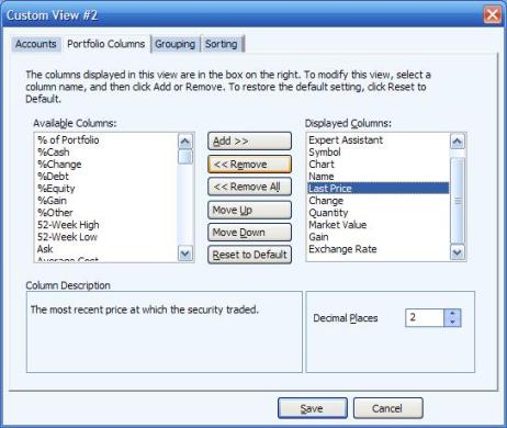 Selecting a portfolio column