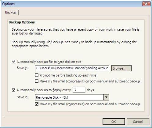 Backup options showing
the removable disk backup
