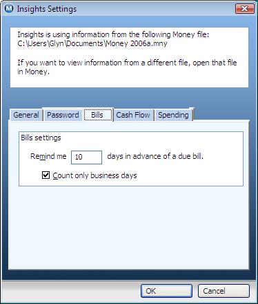 Options for Bills Insights in Money Plus 2008