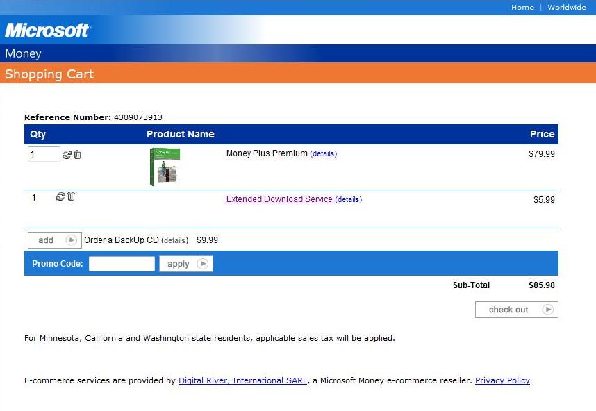 Option to purchase the extended download service from Digital River for Microsoft Money (plus)