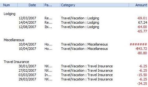 Money report showing a wider column width, adequate for some values, but not others