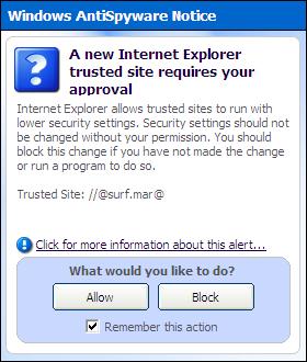 Microsoft Antispyware popup for Trusted Site //@surf.mar@ and @signup.mar@
